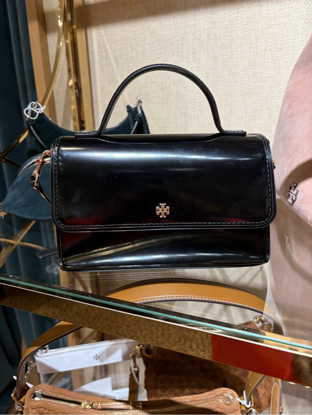 Tory Burch Emerson smooth mini  Patent Leather Top-Handle Bag in black  new